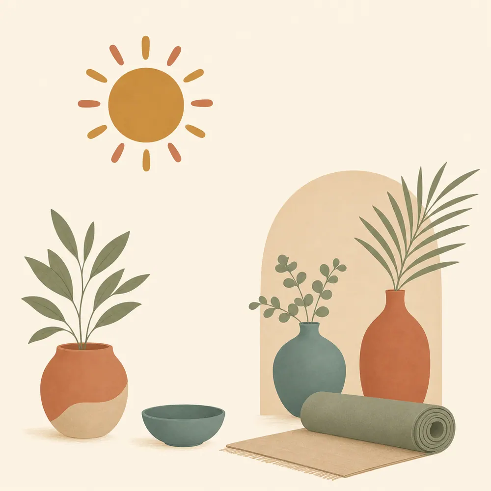Illustration in warmen, gedämpften Farben: eine Sonne, Topfpflanzen, Vasen und eine zusammengerollte Yogamatte.
