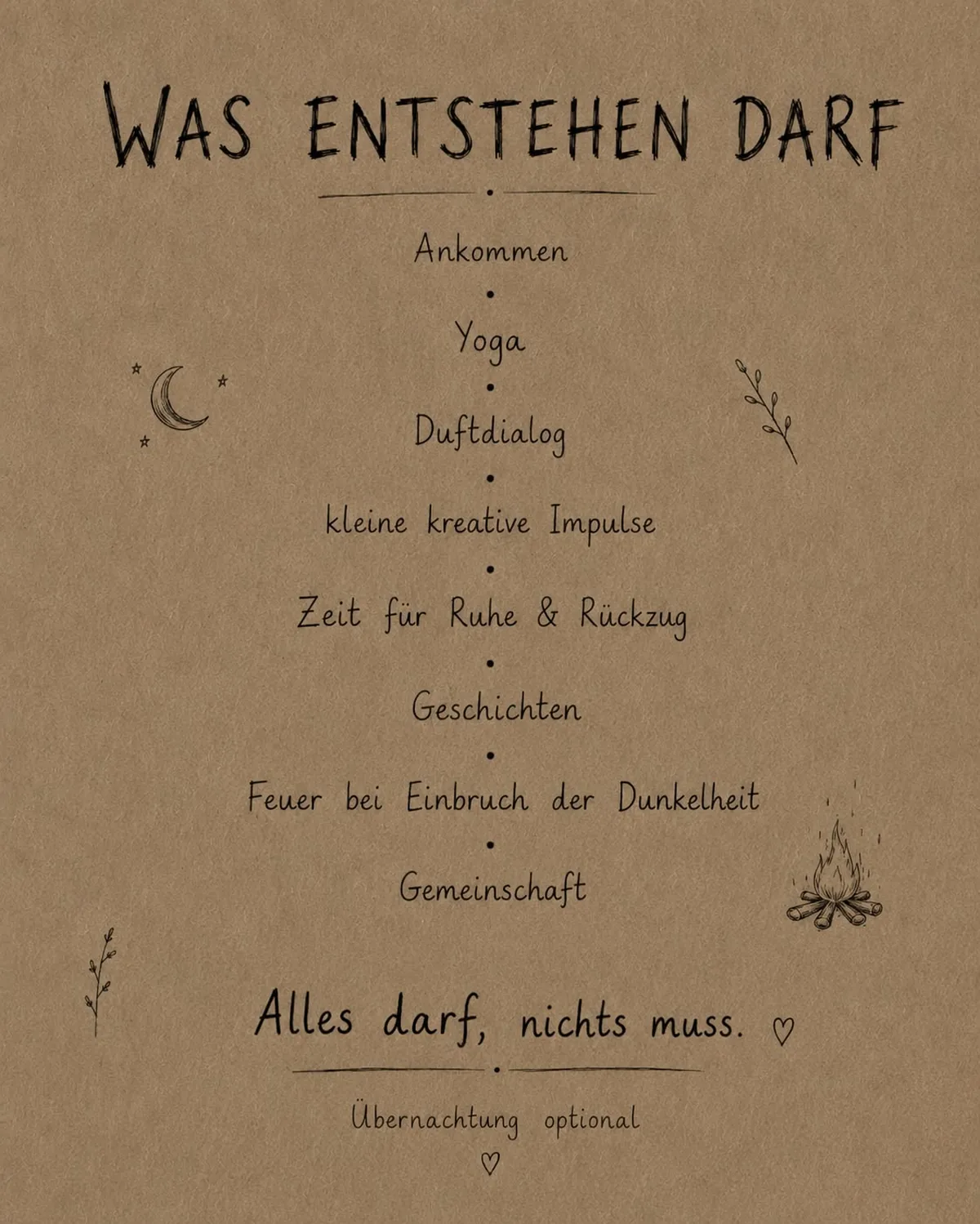 Handgeschriebene Kraftpapier-Seite „Was entstehen darf“ mit Mond, Lagerfeuer und Programmpunkten des Tagesretreats