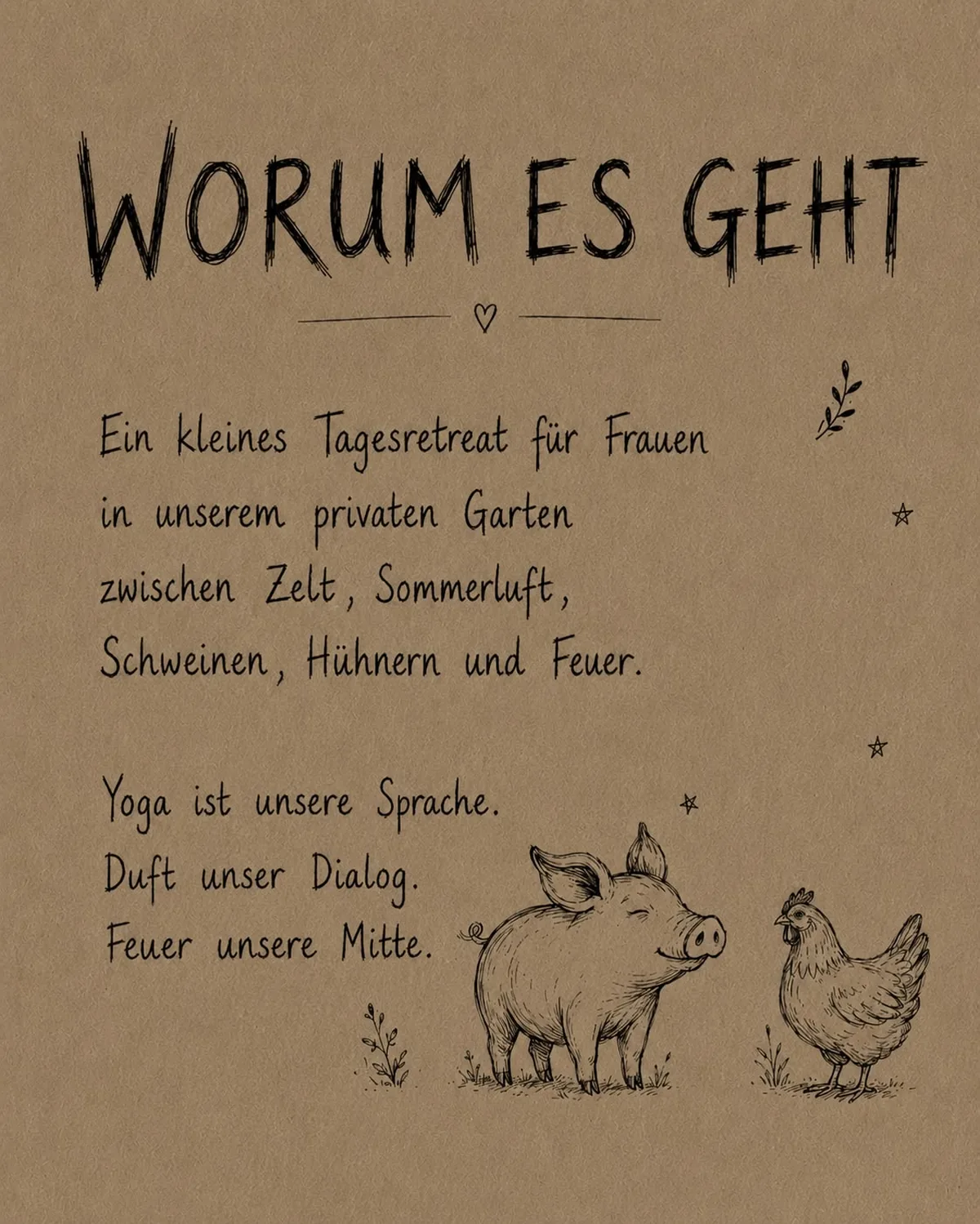 Handgeschriebene Kraftpapier-Seite „Worum es geht“ mit Schwein und Huhn – ein kleines Tagesretreat für Frauen im Garten